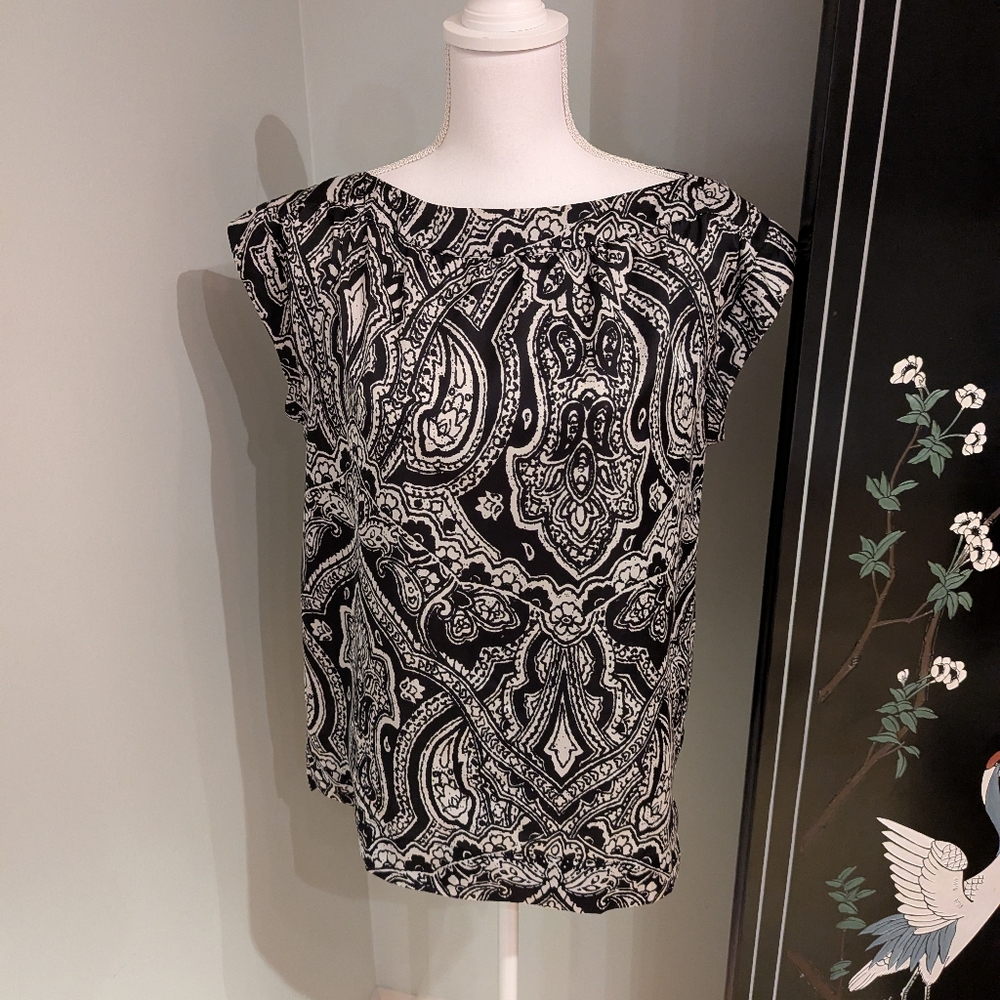 Talbots Wmns 6 Paisley Black Cream Boat Neck Blouse CapSleeve Top Polyester 125